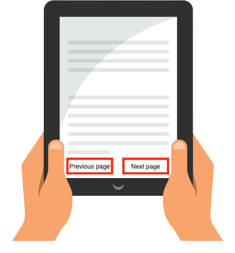 picture of hands and tablet with two boxes, previous page and next page