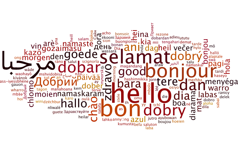 word says "hello" in different languages and colors in val shape